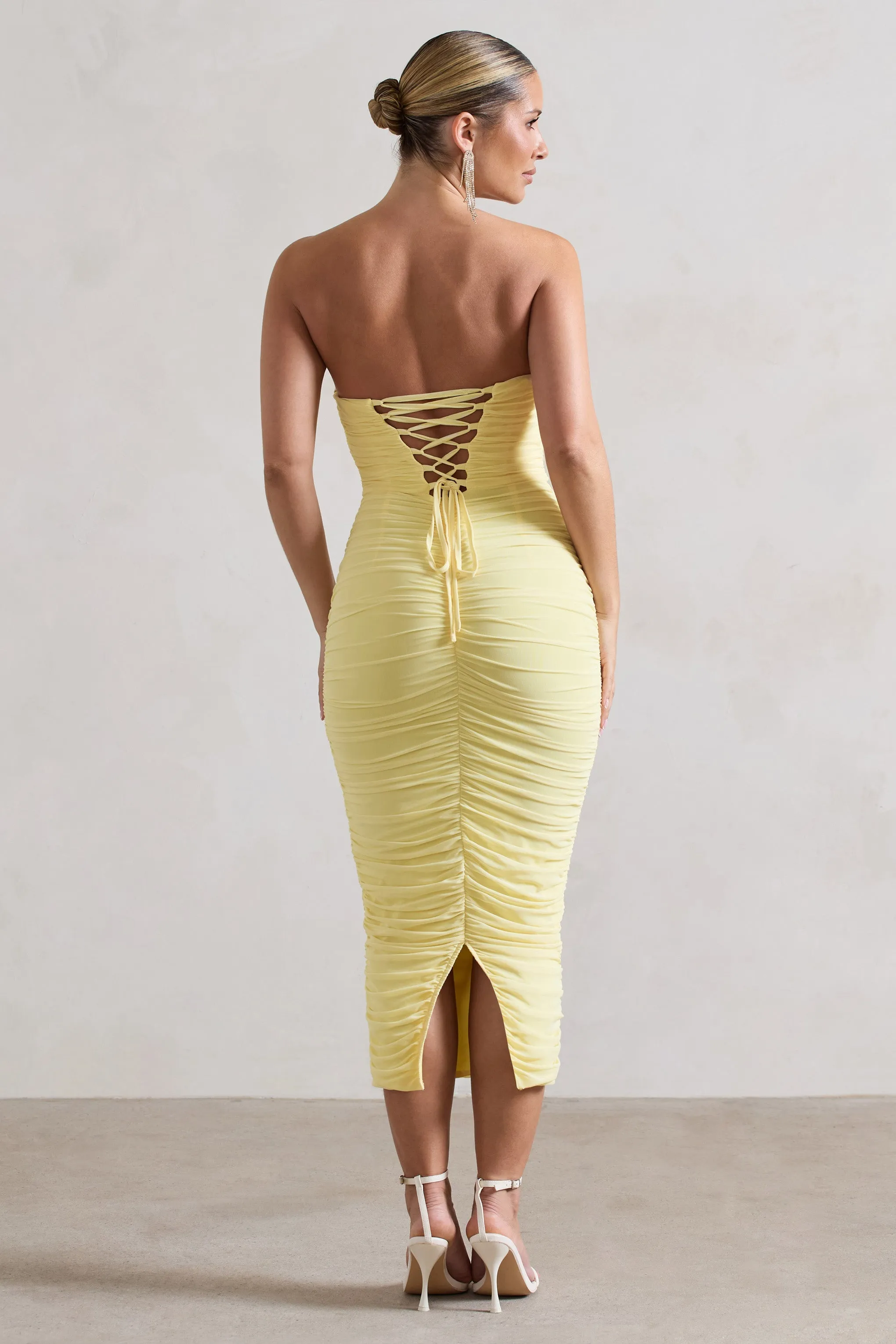 Nylah | Lemon Ruched Corset Bodycon Midi Dress