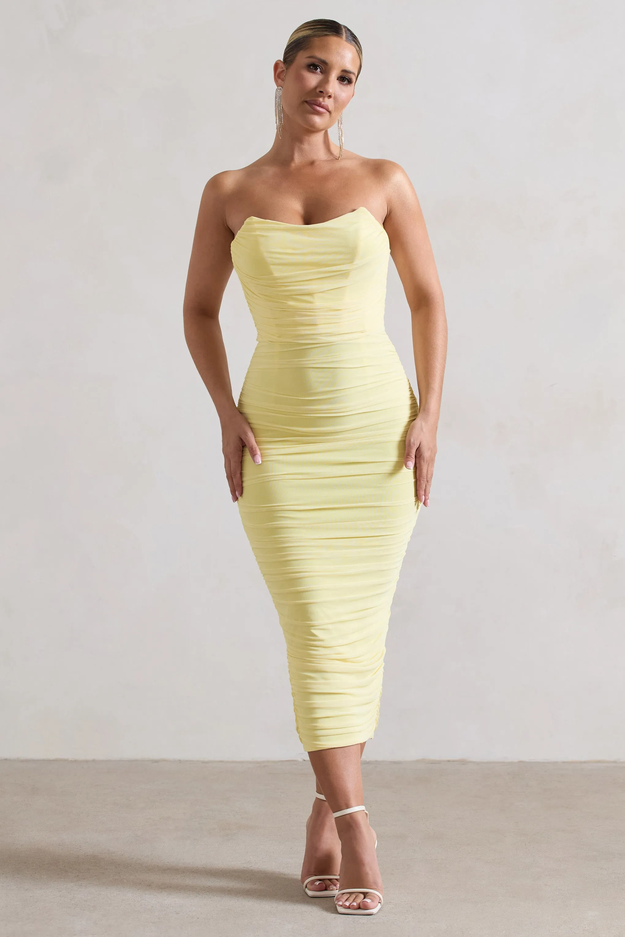 Nylah | Lemon Ruched Corset Bodycon Midi Dress