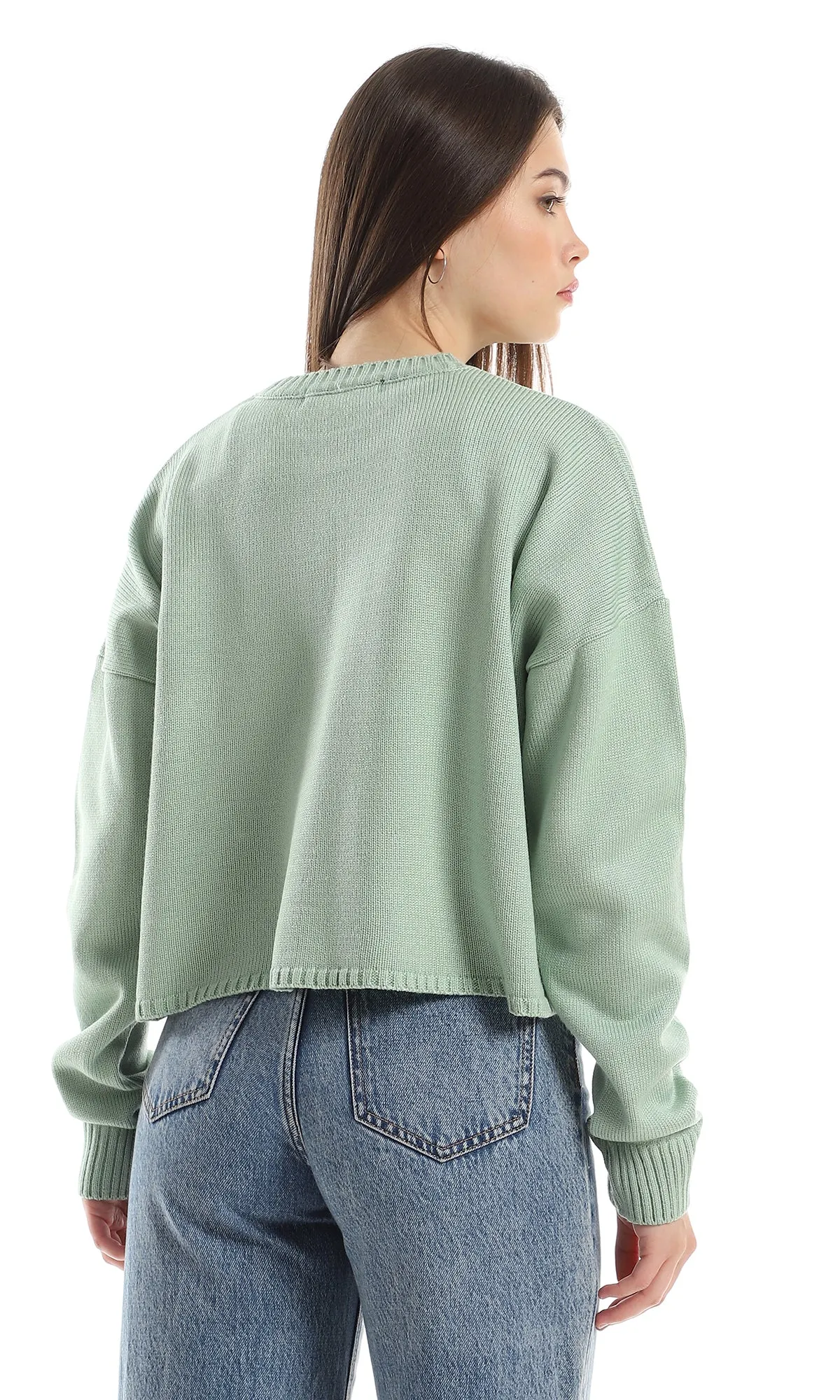 O163142 Round Neck Basic Loose Fit Acrylic Pullover - Mint