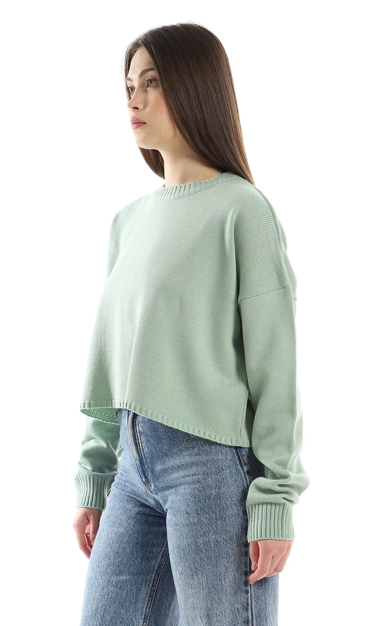 O163142 Round Neck Basic Loose Fit Acrylic Pullover - Mint