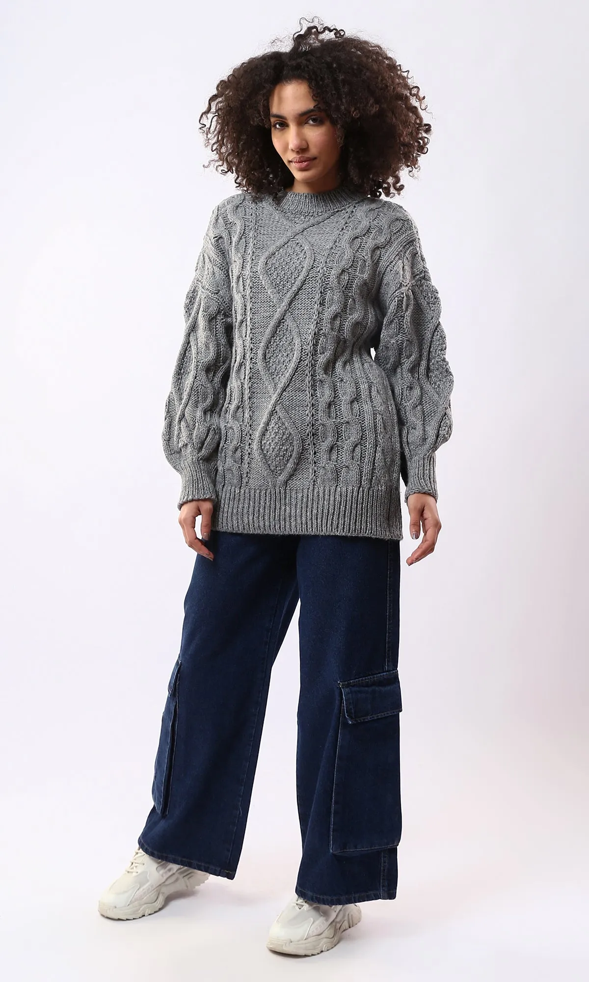 O168919 Long Sleeves Knitted Grey Pullover With Mock Neck