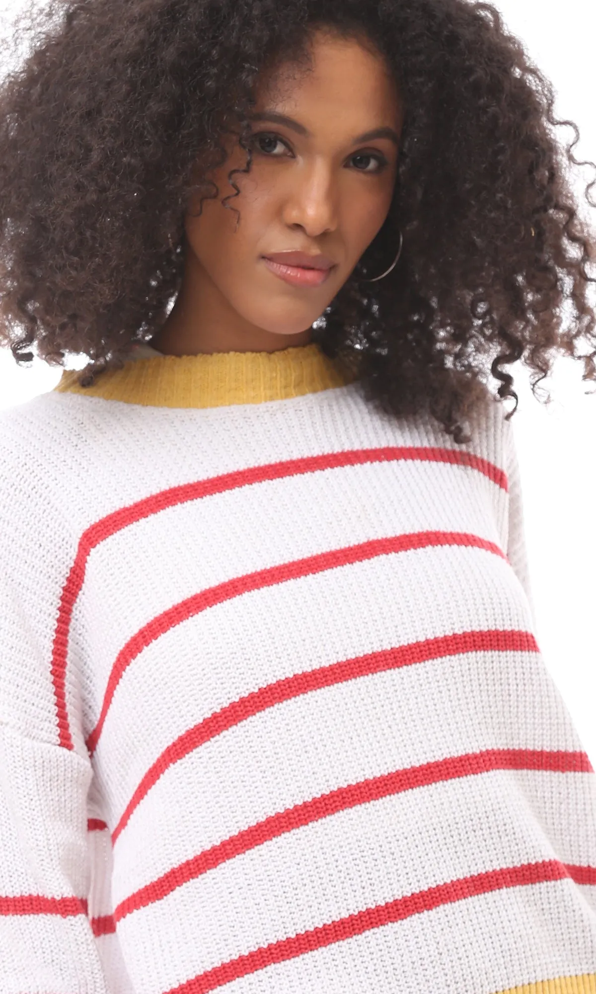 O171376 Tri-Tone Crew Neck Knitted Pullover - Yellow, White & Red