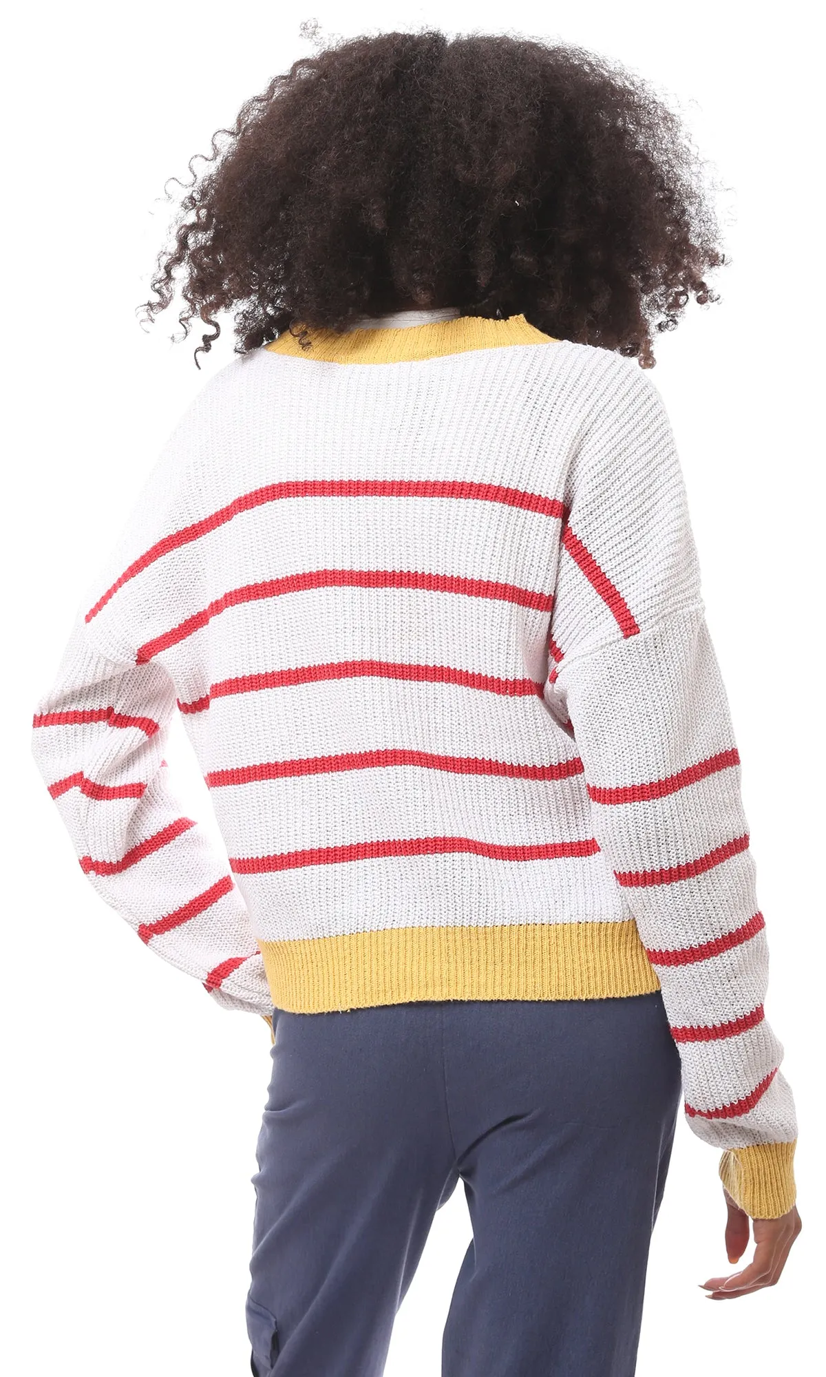 O171376 Tri-Tone Crew Neck Knitted Pullover - Yellow, White & Red