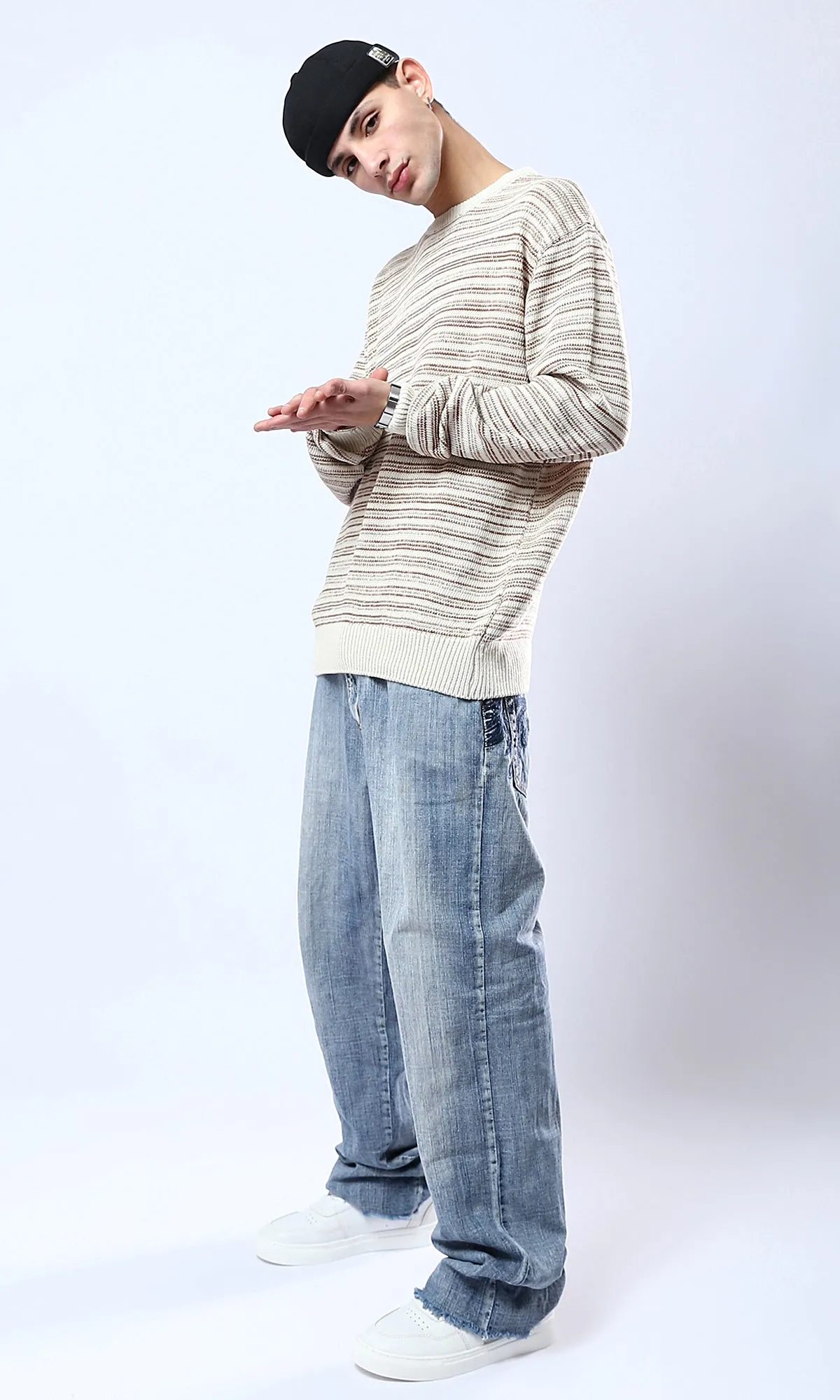 O174998 Ribbed Crew Neck Havana & Beige Pullover