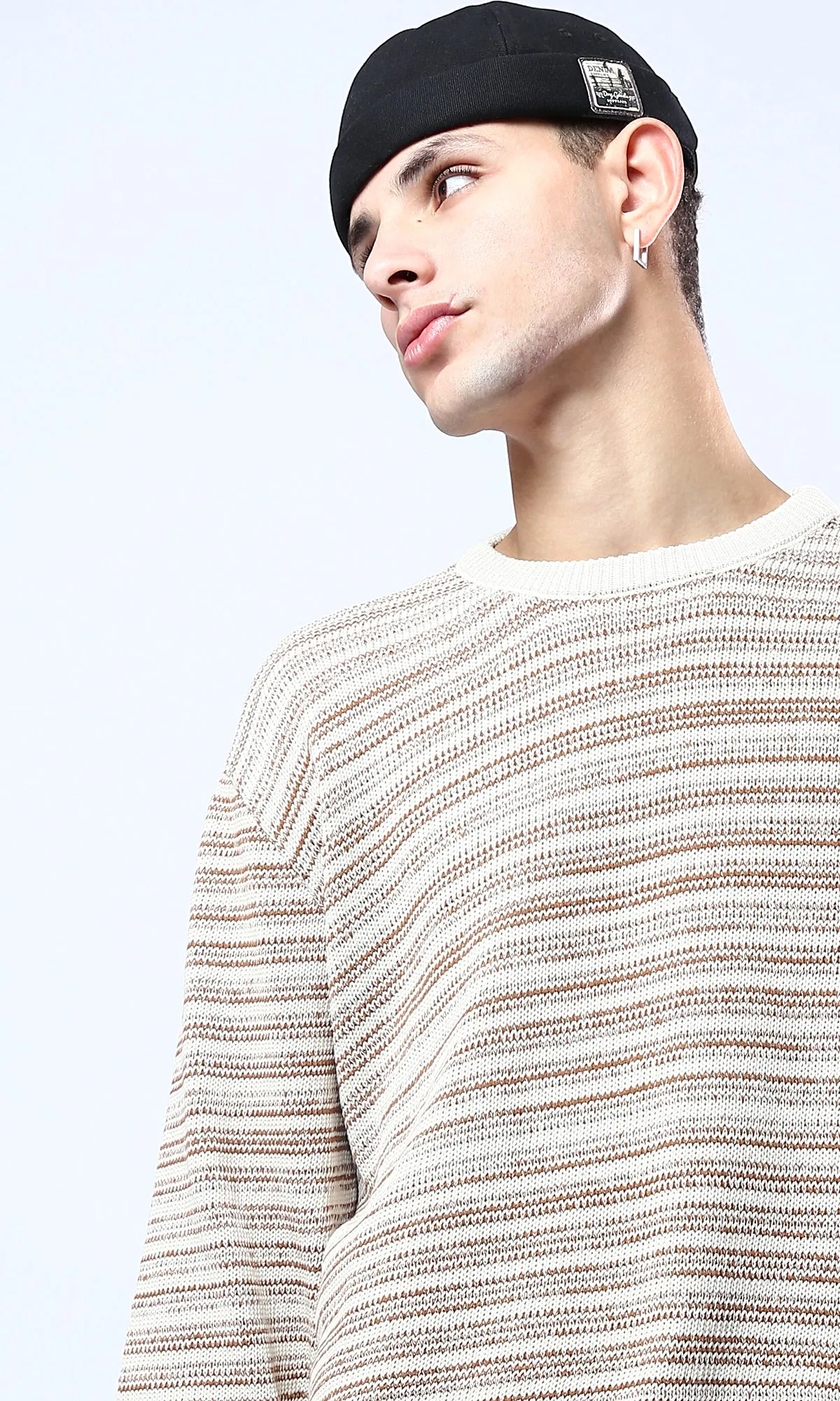 O174998 Ribbed Crew Neck Havana & Beige Pullover