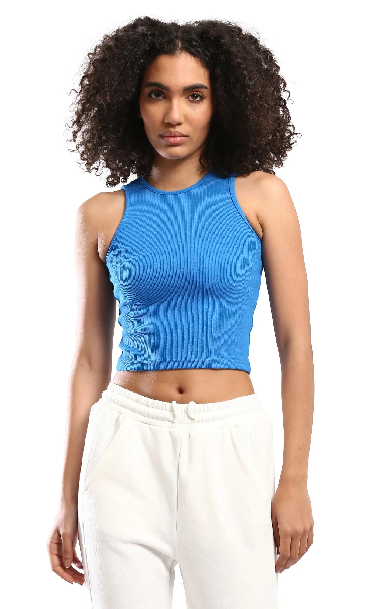 O178114 Crystal Blue Feminine Summer Ribbed Tank Top