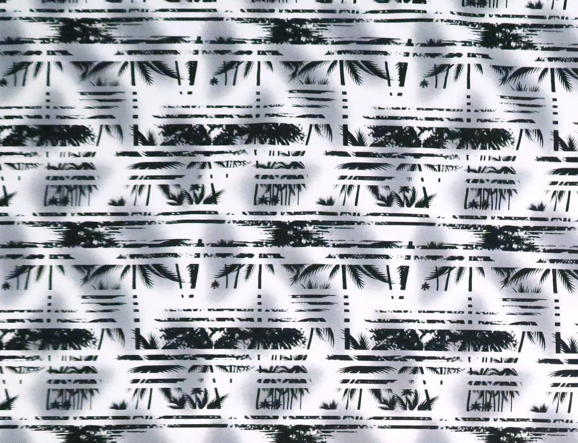 Palm Tree Abstract Border Print 100% Cotton Fabric -White/BLACK C150BK