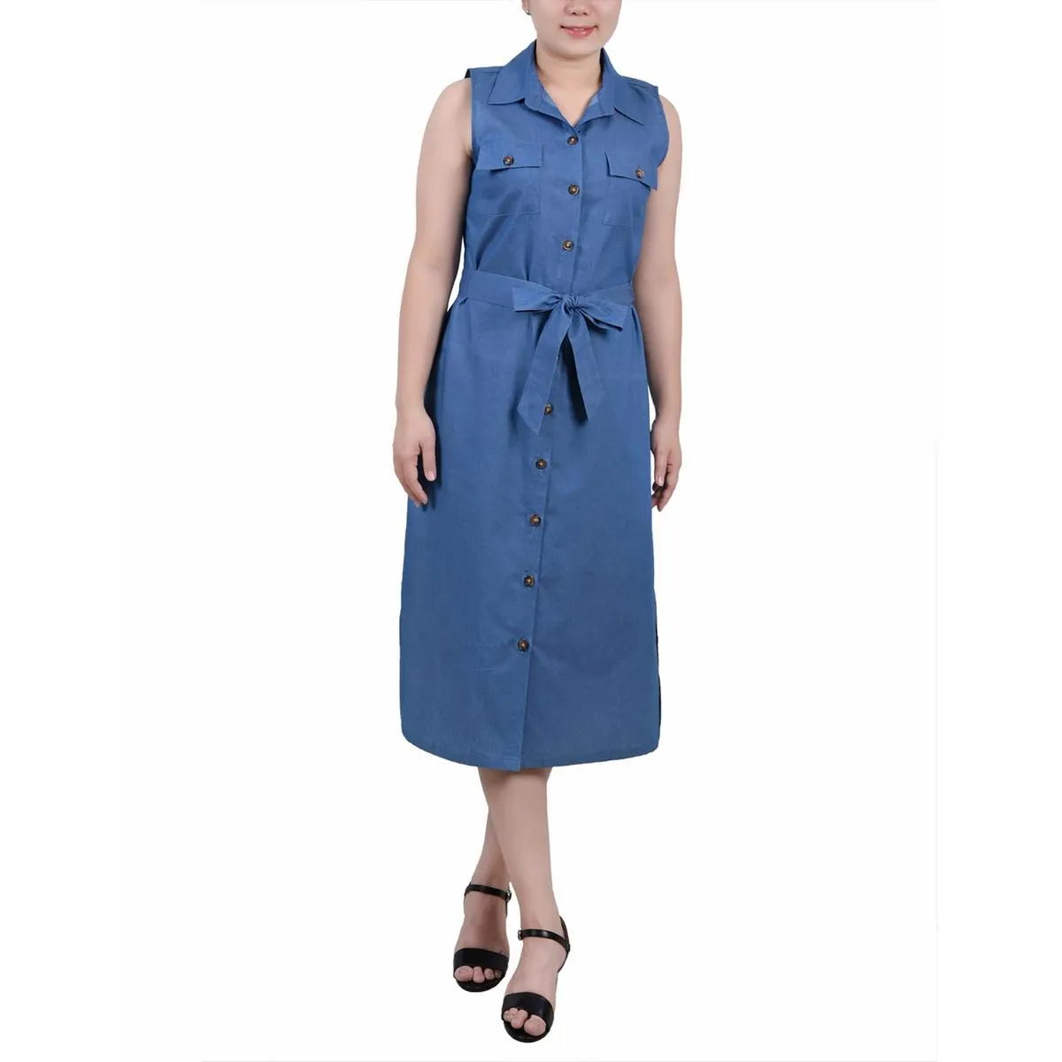 Petites Womens Button Cotton Midi Dress