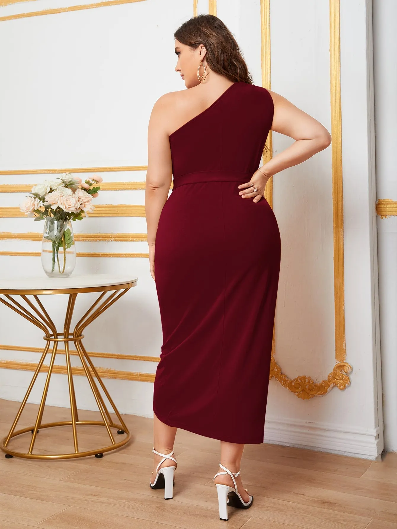 Plus One Shoulder Self Belted Wrap Hem Dress