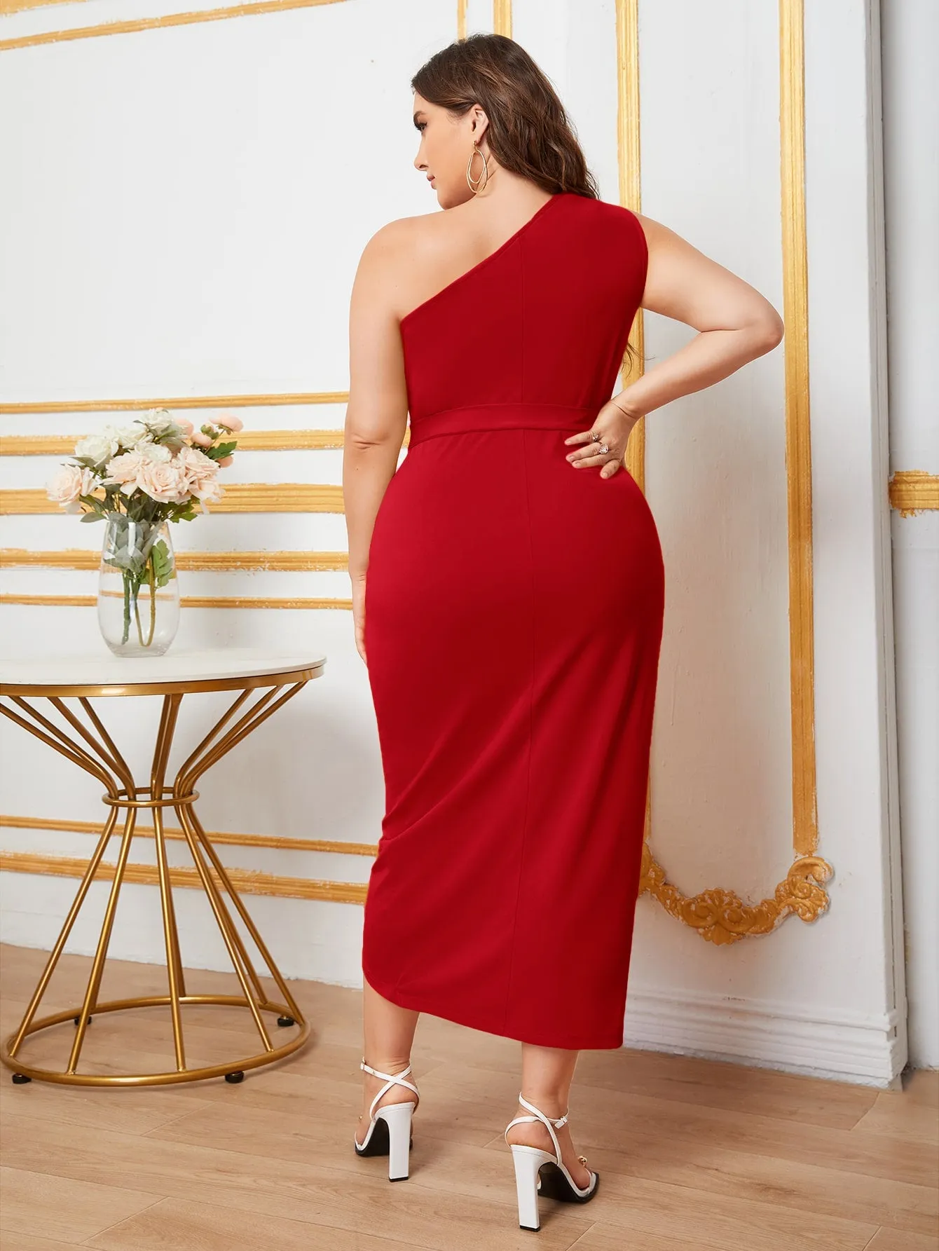 Plus One Shoulder Self Belted Wrap Hem Dress