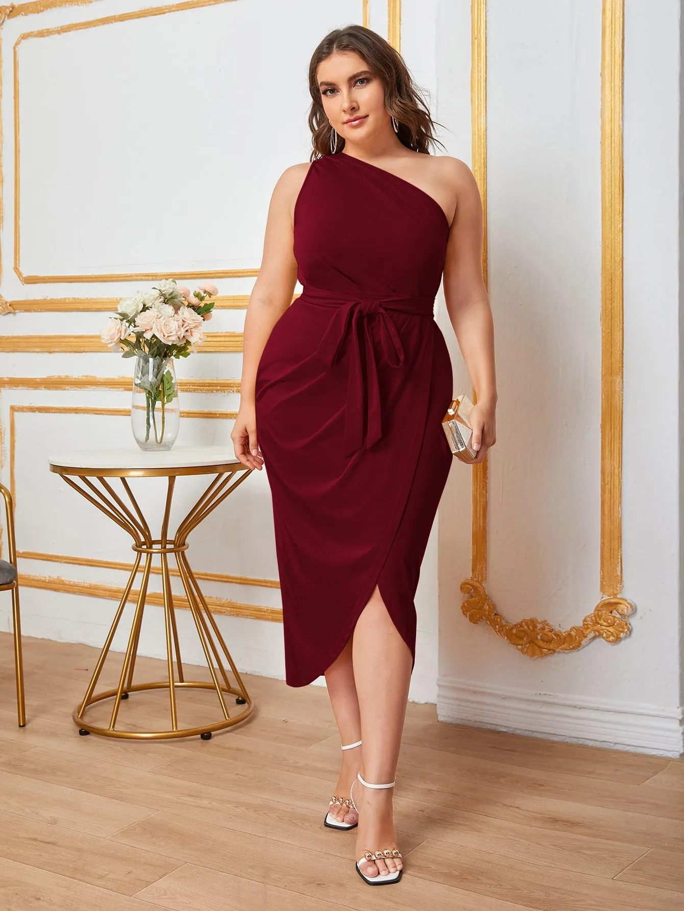 Plus One Shoulder Self Belted Wrap Hem Dress