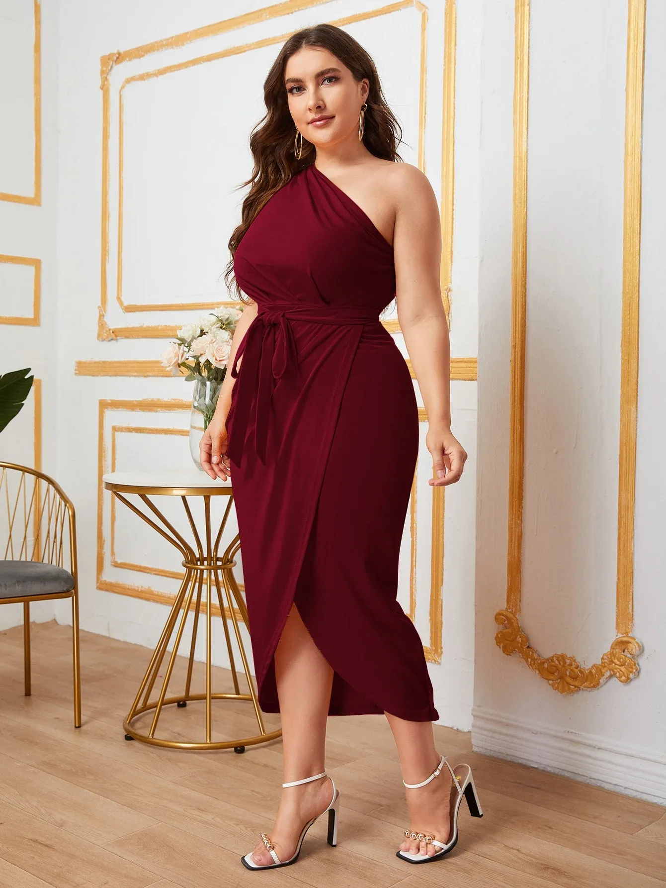 Plus One Shoulder Self Belted Wrap Hem Dress