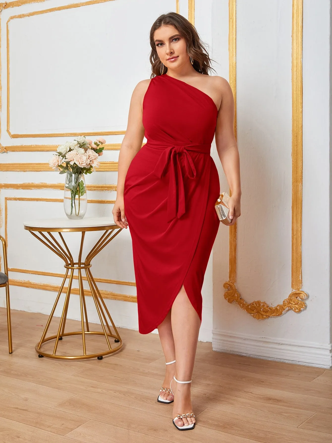 Plus One Shoulder Self Belted Wrap Hem Dress