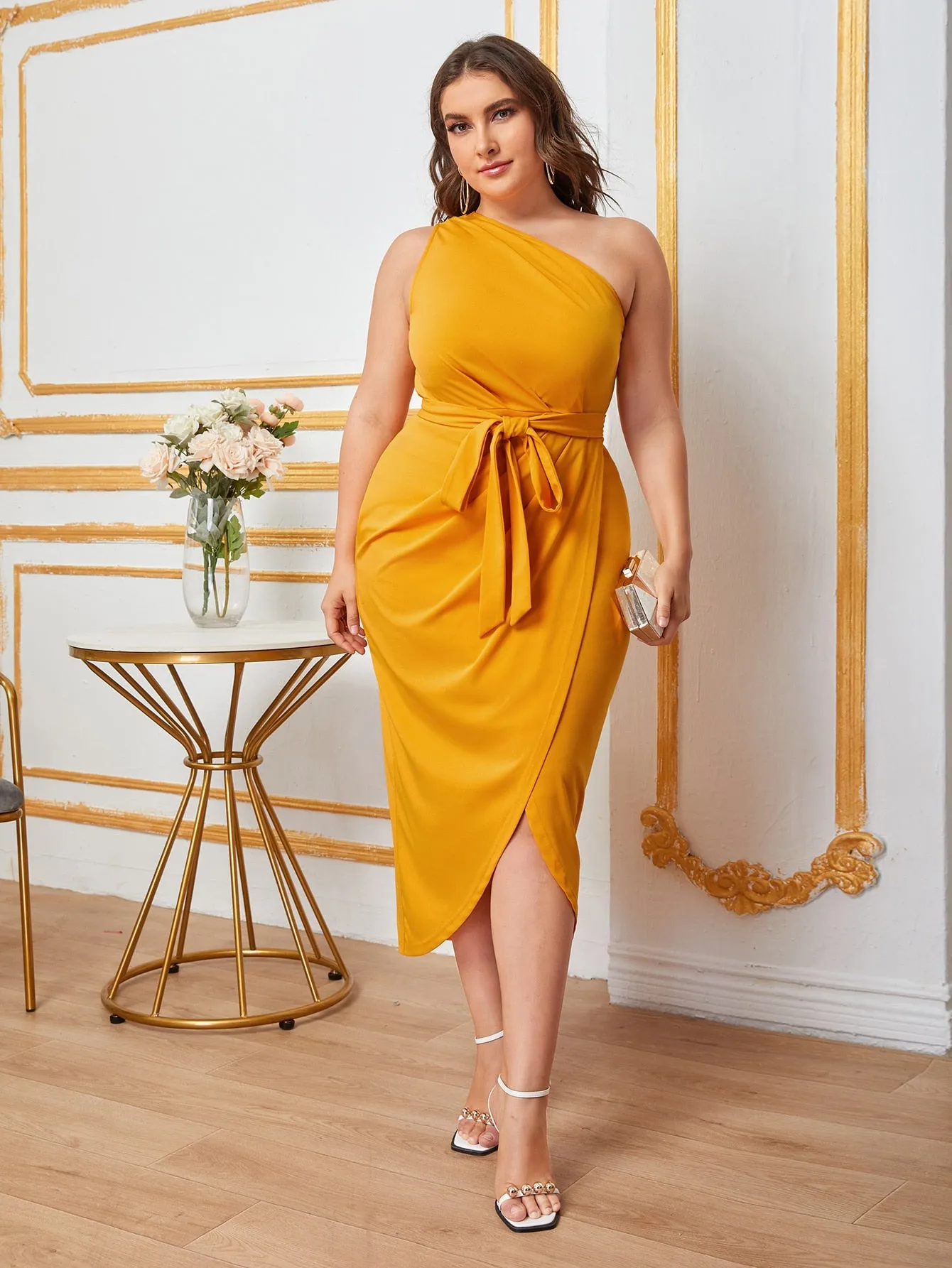 Plus One Shoulder Self Belted Wrap Hem Dress