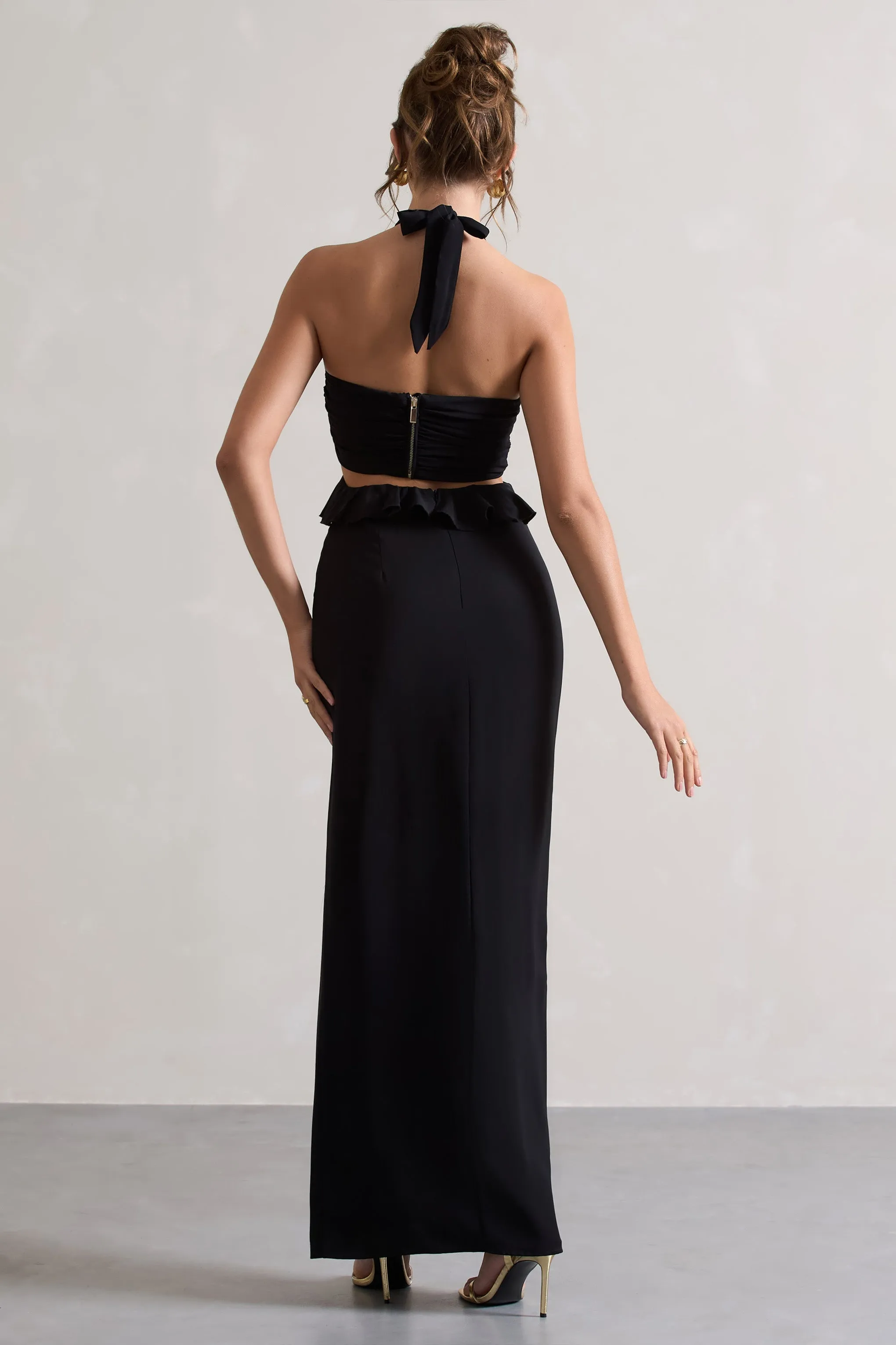 Powerful | Black Cut-Out Halter-Neck Maxi Dress With Flower & Ruffles