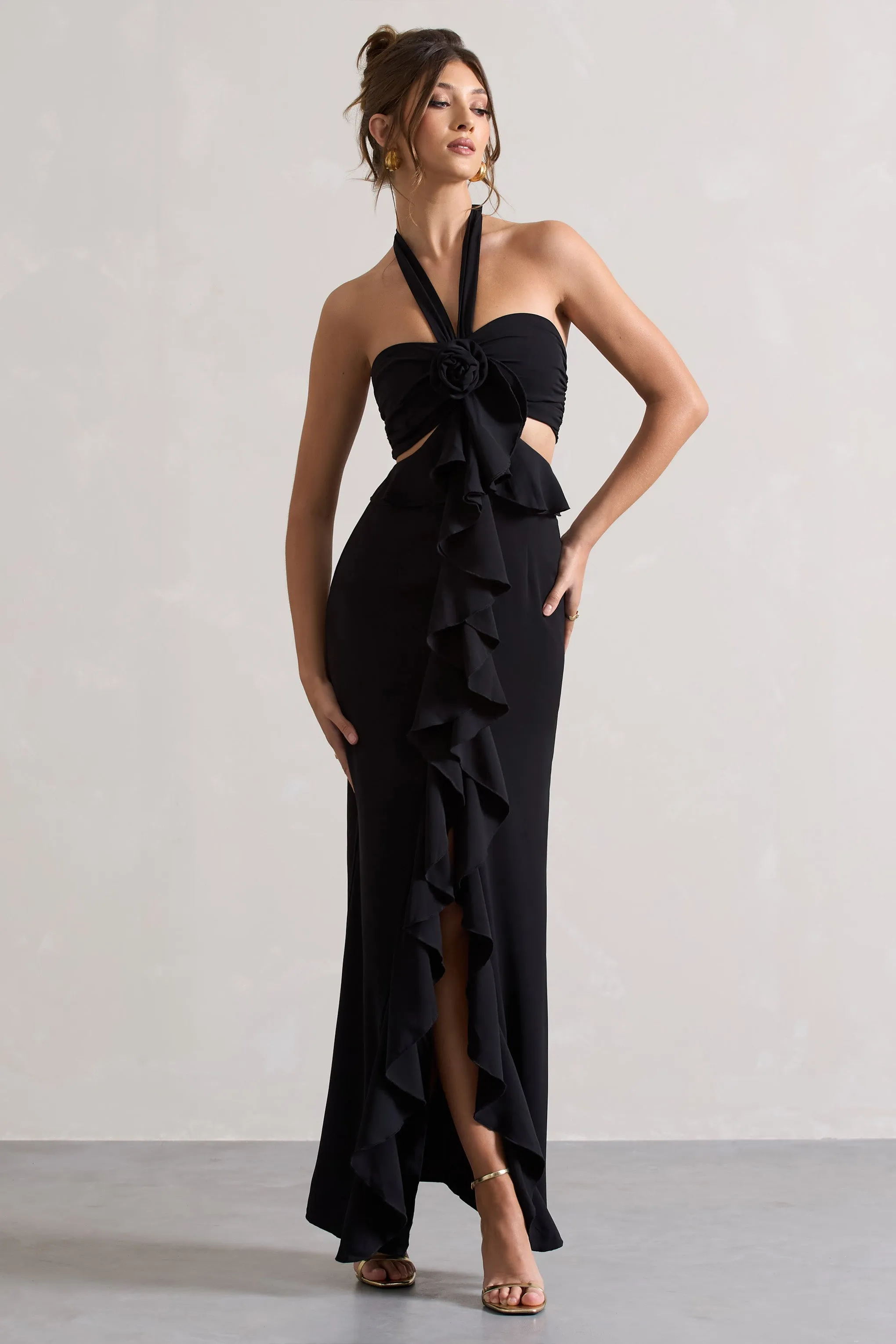 Powerful | Black Cut-Out Halter-Neck Maxi Dress With Flower & Ruffles