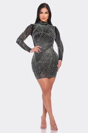 RHINESTONE MESH MOCK NECK BODYCON DRESS