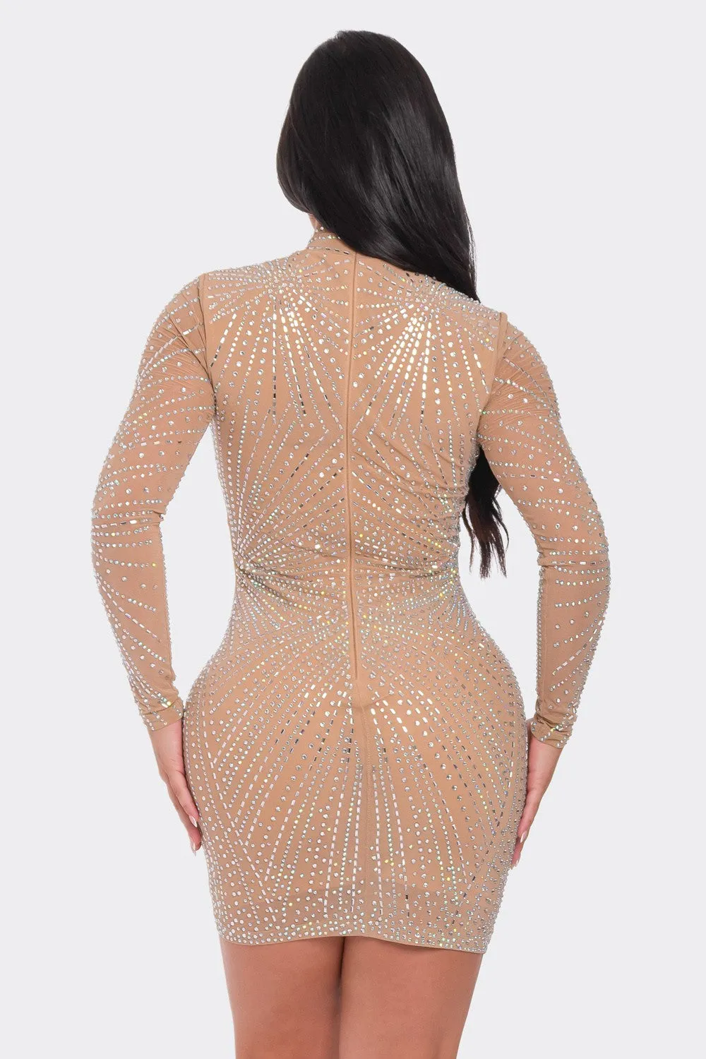 RHINESTONE MESH MOCK NECK BODYCON DRESS