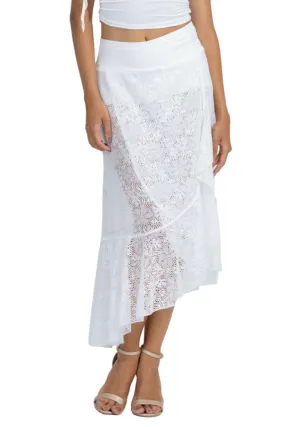 White Lace Asymmetric Wrap Skirt With Ruffles