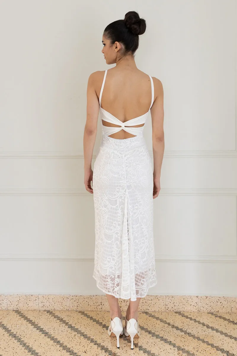 White Lace Low Back Midi Fishtail Dress