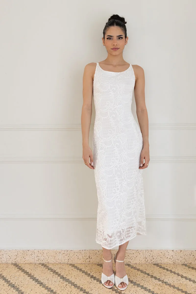 White Lace Low Back Midi Fishtail Dress