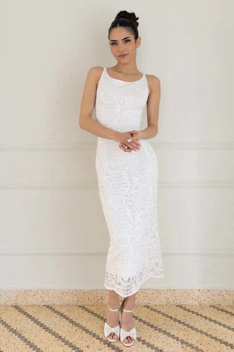 White Lace Low Back Midi Fishtail Dress