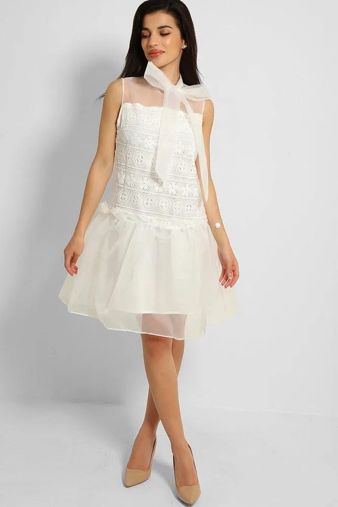 White Pussy Bow Organza Puff Dress