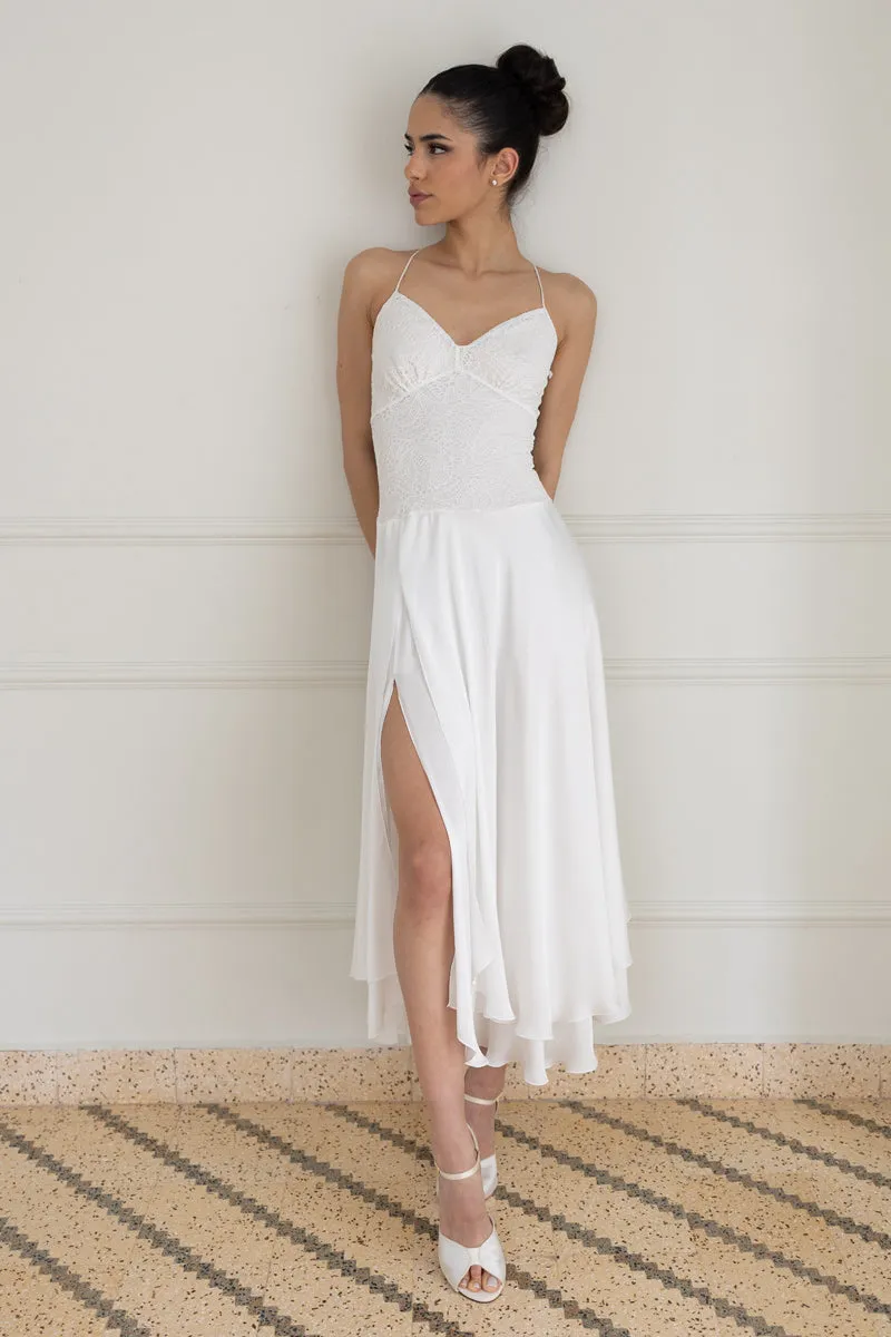 White Two-layer Satin And Lace Open Back Dress