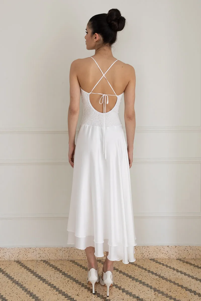 White Two-layer Satin And Lace Open Back Dress