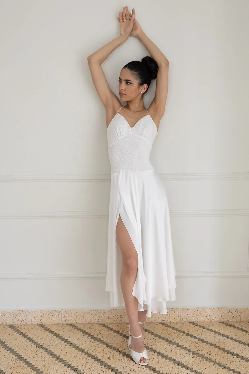 White Two-layer Satin And Lace Open Back Dress