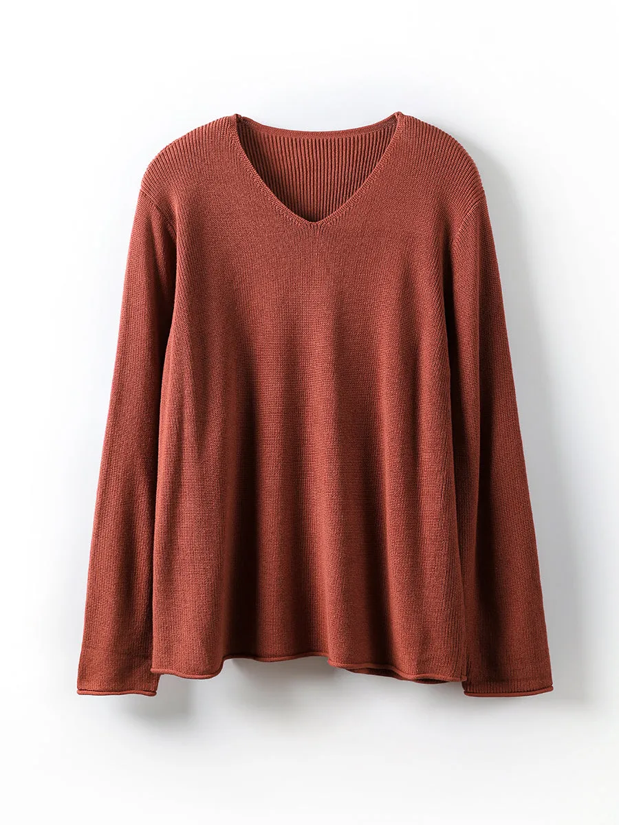 Women Casual V-Neck Solid Knitted Loose Sweater